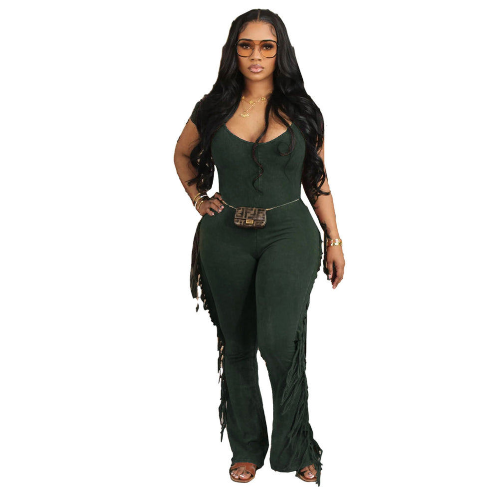 new cross-border european and american  hot-selling women's retro slim-fit one-piece tassel casual jumpsuit