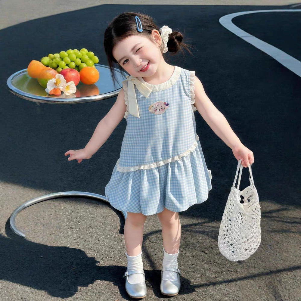 【dropshipping】girls'  new korean style summer sweet bow dress - plaid cute baby tulip dress
