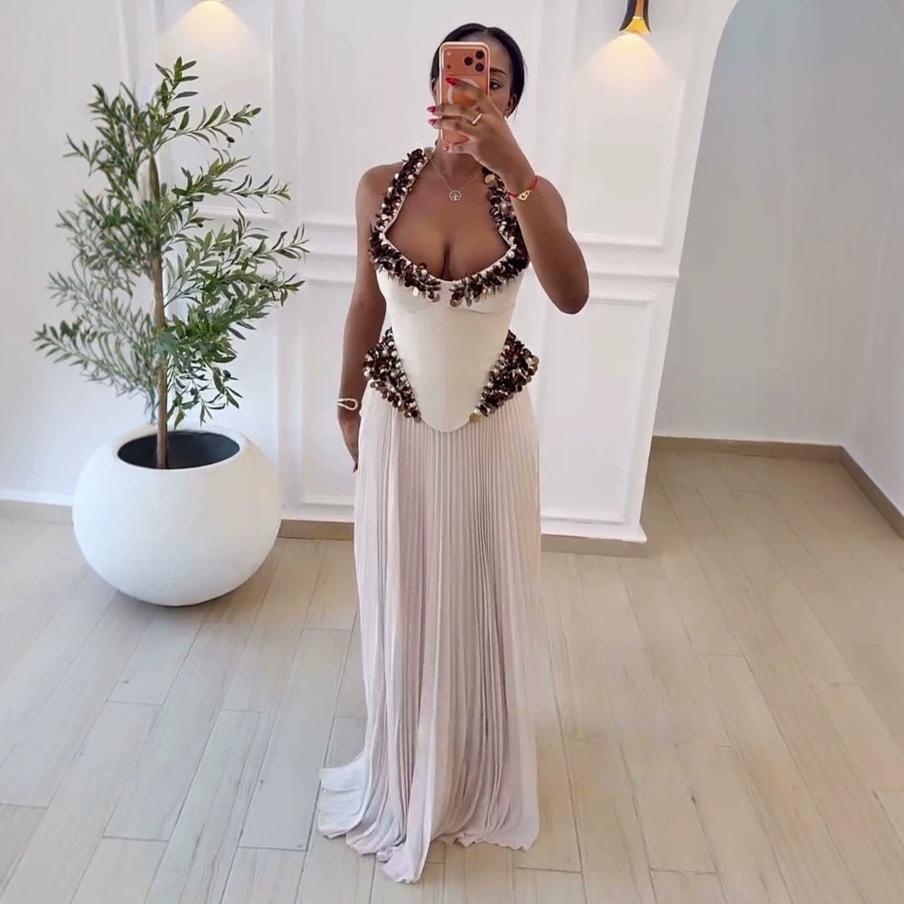 European and american cross-border women's fashion:  summer new arrival - elegant, heavily embellished beaded and sequined sleeveless top with pleated skirt set