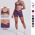 double-sided brushed contrast color tight breathable cross-waist yoga suit sports running fitness two-piece set for women