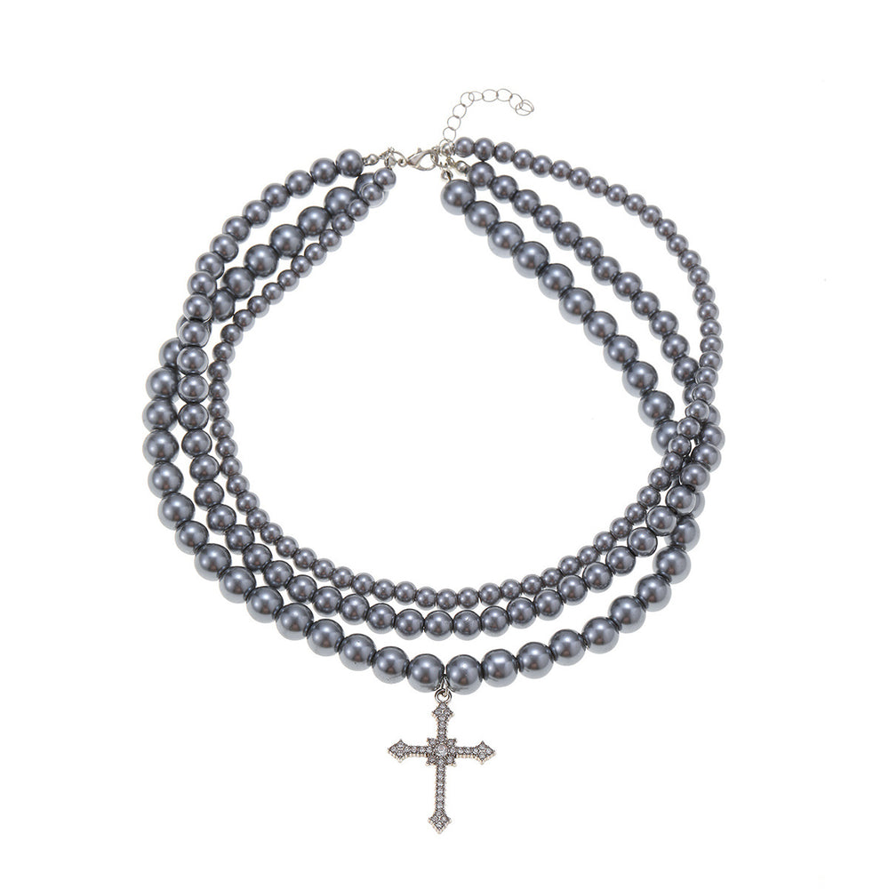 Stacked cross beaded necklace wholesale cross-border simple versatile accessories niche high-end hip-hop pendant necklace