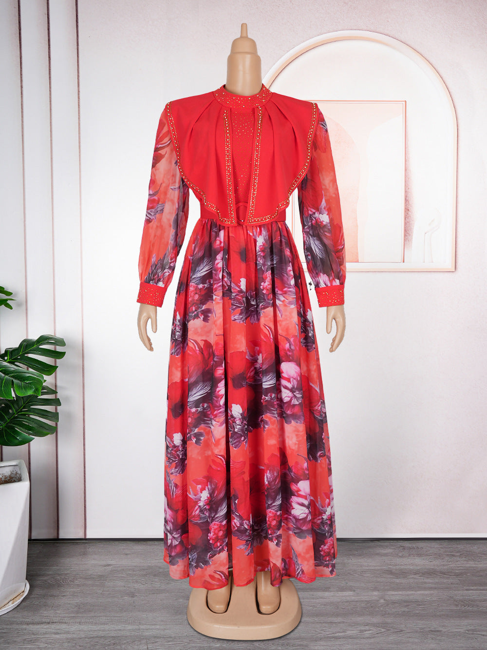 new european and american  cross-border trade african women's elegant printed long-sleeved plus size dress