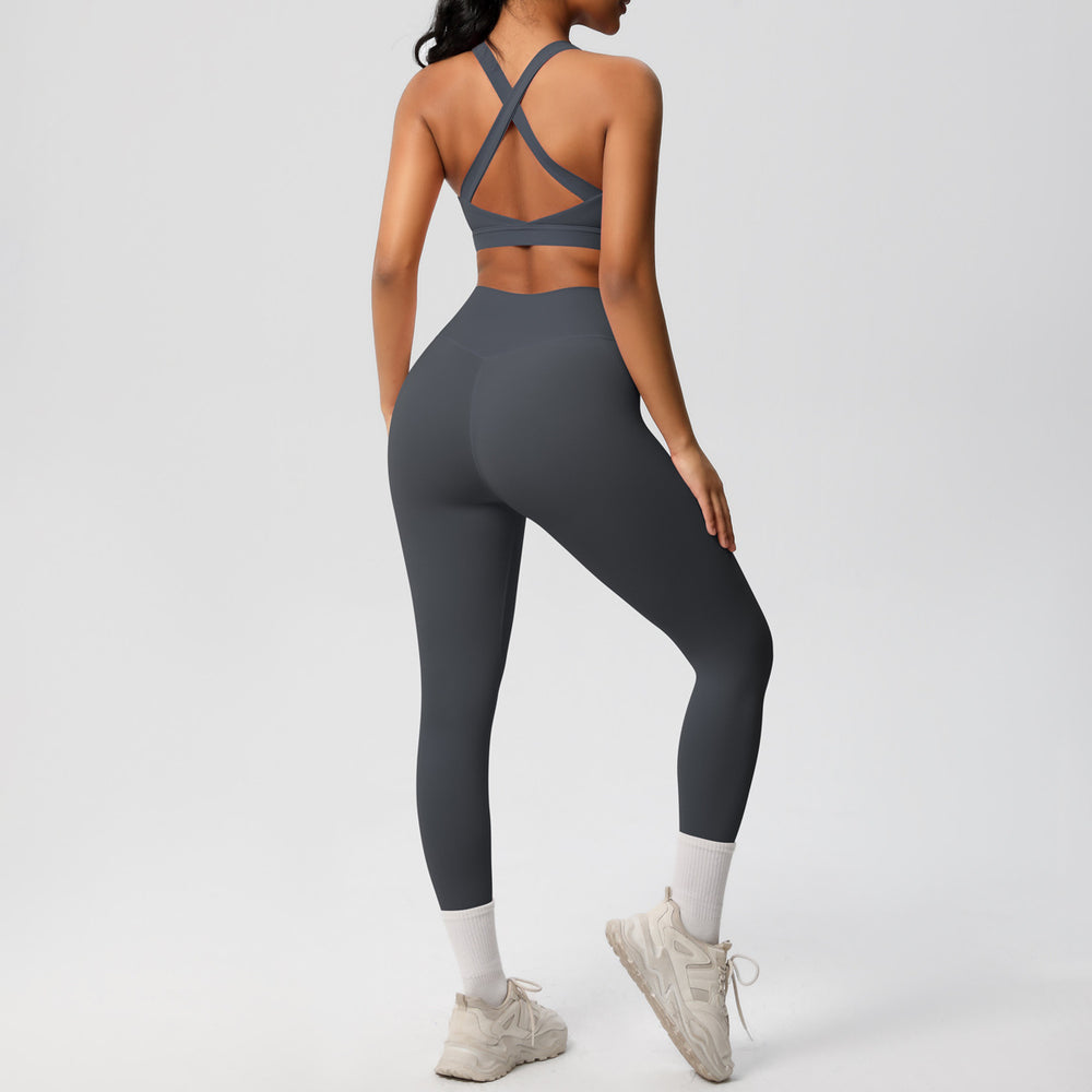 fashionpure color double-sided brushed back cross sports intimates yoga suit running fitness two-piece set
