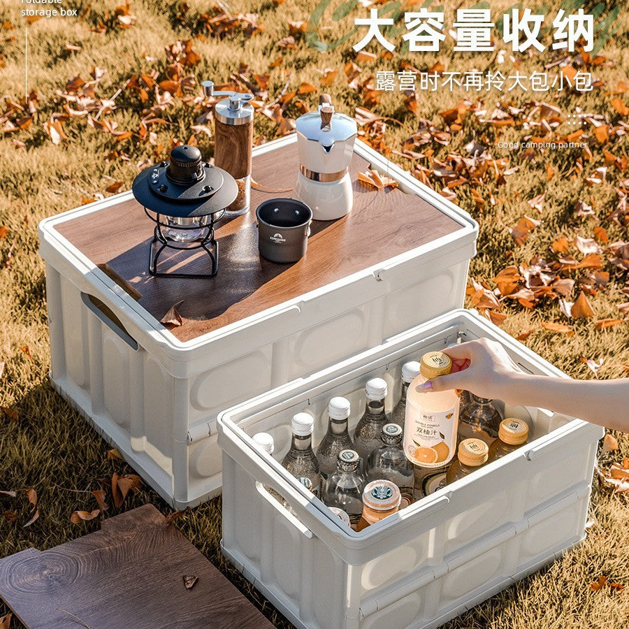 Multifunctional folding camping box Portable car food box Outdoor camping suitcase Multi-layer wooden cover folding box