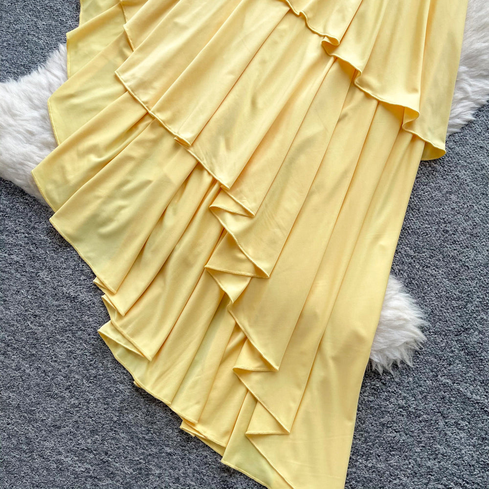 French riviera style bandeau ruffle asymmetrical dress - women's summer yellow slimming elegant maxi dress