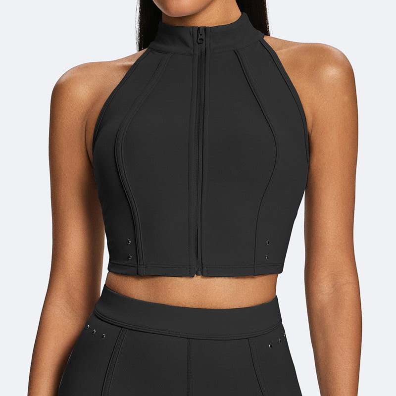 zipper sports vest suit high waist hip lifting tight yoga clothes training fitness two-piece set for women wholesale