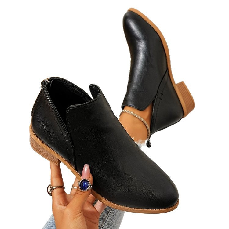 Fashionexportplus size leather boots women's boots pure colorslimming look pointed toe back zipper casualthick sole thick heel boots women's single