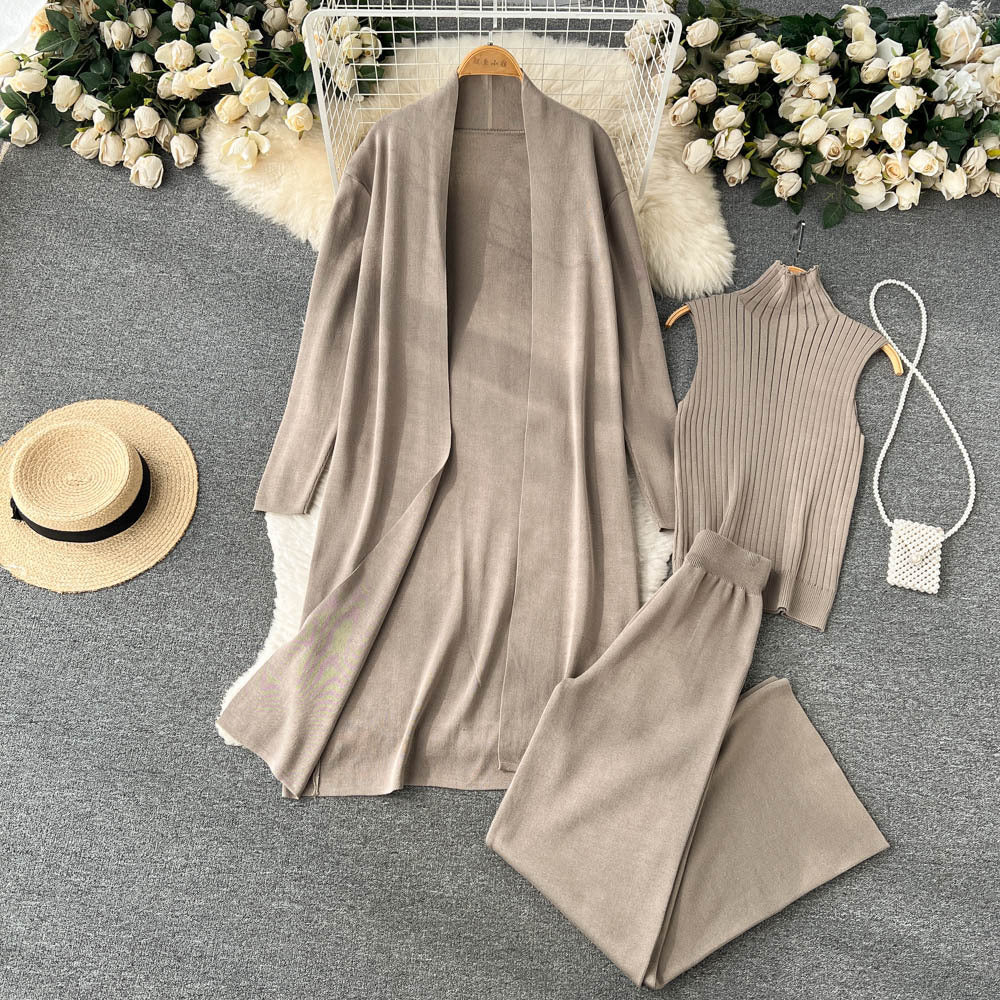 Autumnew arrival lazy looseknittingsuit women's long shawl cardigan + turtleneck sweater + loose pants three-piece set