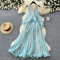 High-end resort style sleeveless halter dress for women, summer korean style, mint green, ruffle trim, pleated, elegant maxi dress
