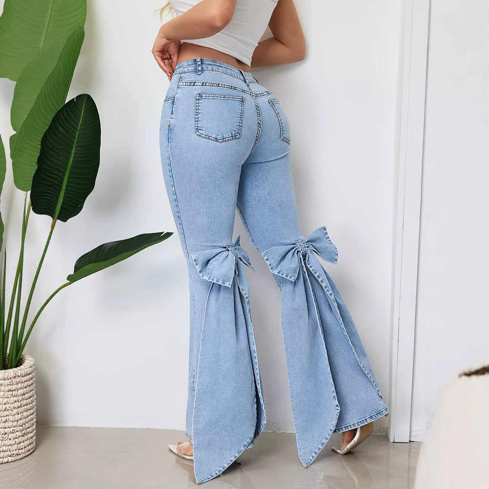 Fashionjeans women's bows slit slightly flared jeans washed high waist elastic silm mop hot style