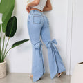 Fashionjeans women's bows slit slightly flared jeans washed high waist elastic silm mop hot style
