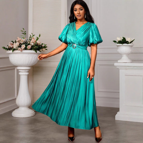 European and American sexy V-neck bubble sleeve pleated skirt, slim and thin banquet elegant evening dress long dress Dresses