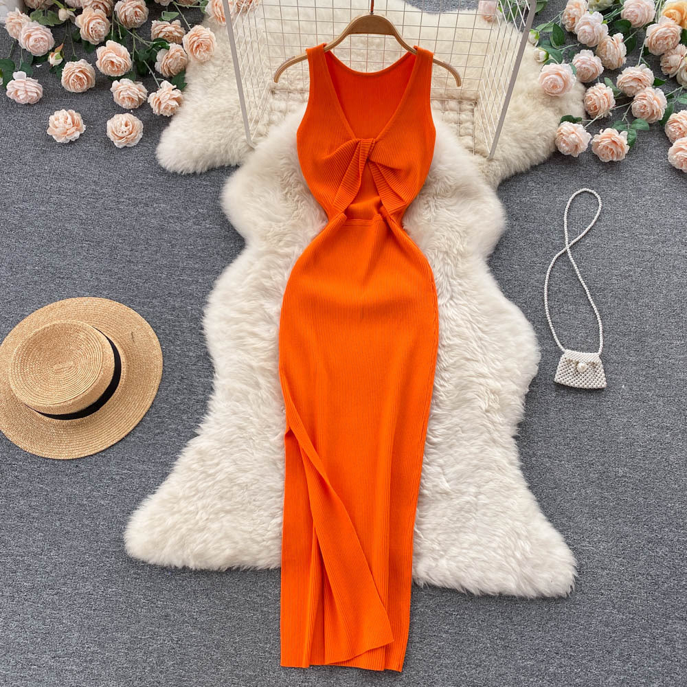European and american style ins women's summer new sexy twist knot cleavage-enhancing hollow-out fashion two-way knitted dress