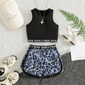 Girls' activewear set: black tank top with sporty letter webbing and leopard print shorts - perfect for summer!