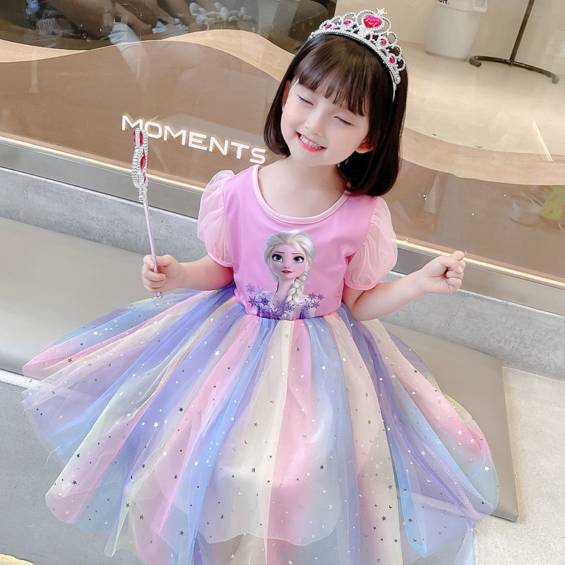 Girls' elsa princess dress - summer rainbow dress for kids - summer cotton elsa new style dress - korean style trendy baby dress