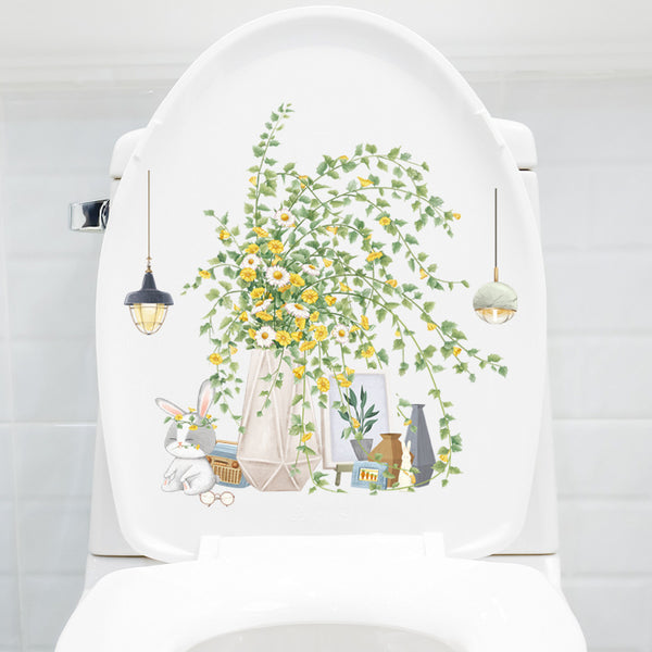 Plant flower pot toilet sticker bathroom toilet lid decorative sticker waterproof beautiful PVC removable wall sticker