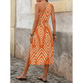 Amazon european bohemian style one-shoulder waist-cinching cutout drawstring slit vacation print dress for women