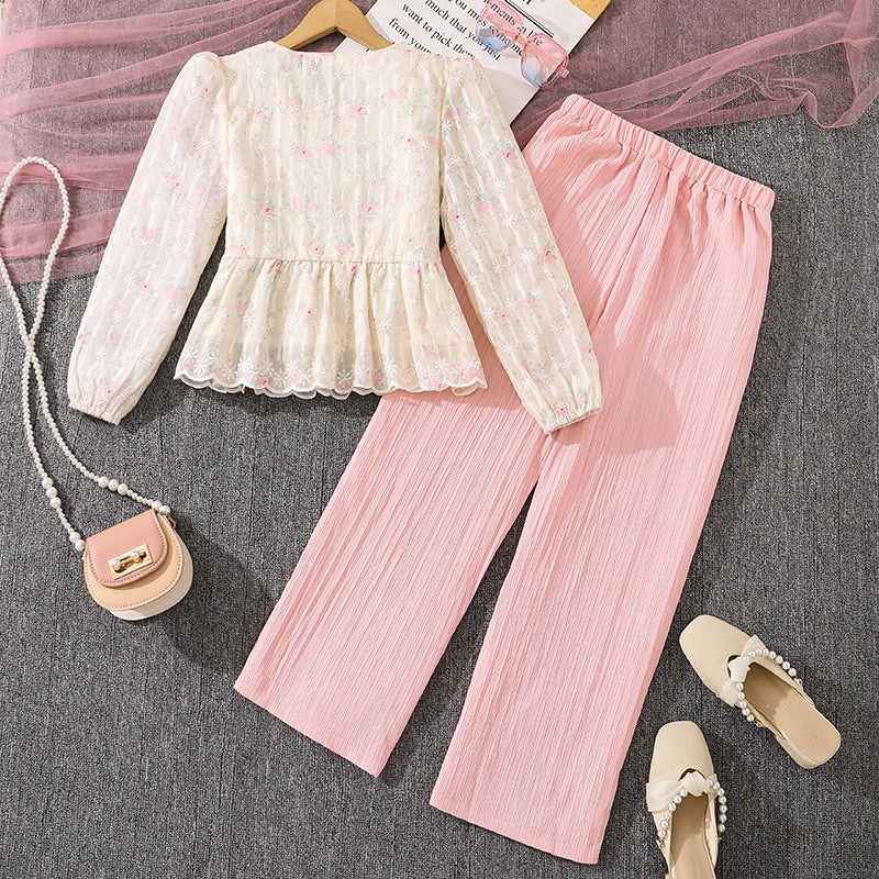 Export children's clothing springnew arrivalfashionsweetelegantv necklace hook flower long sleevestopspantsgirlsuit