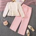 Export children's clothing springnew arrivalfashionsweetelegantv necklace hook flower long sleevestopspantsgirlsuit