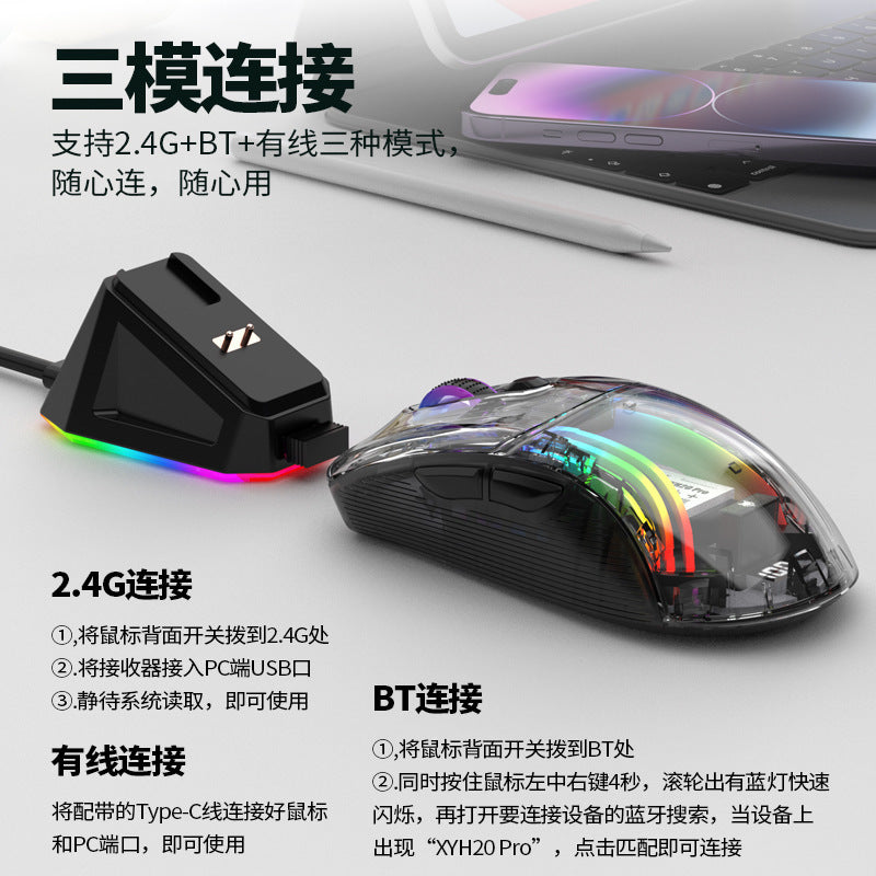 Dazzling silver fox xyh20pro wireless bluetooth tri-mode transparent gaming mouse with charging dock and screen – cross-border rechargeable