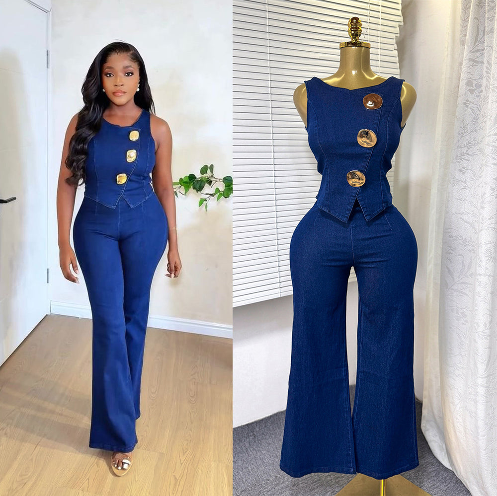 Exportelegantsense of design metal buckle round neck sleeveless vest vest + high waist wide leg pants denim suit for women
