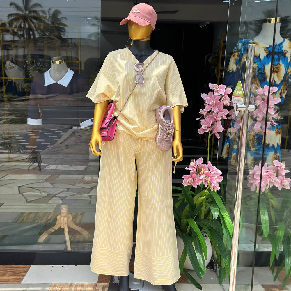 European and american cross-border women's fashion:  summer new collection - stylish v-neck striped short-sleeve top and wide-leg pants casual set