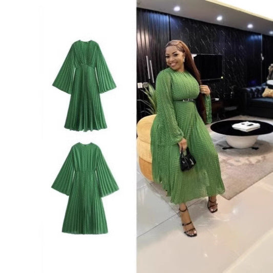 's new  European and American women's clothing pleated fashion personalized green round neck pleated skirt dress wholesale