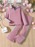 Girls' two-piece outfit for export: purple-pink and gray striped, turn-down collar, long-sleeved top with flared pants - kids' casual set