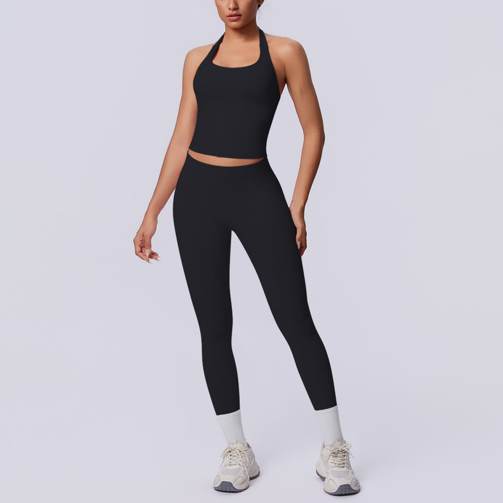 New arrival cross-border seamless pure color halter back tight-fitting suit sports running fitness yoga clothes two-piece set