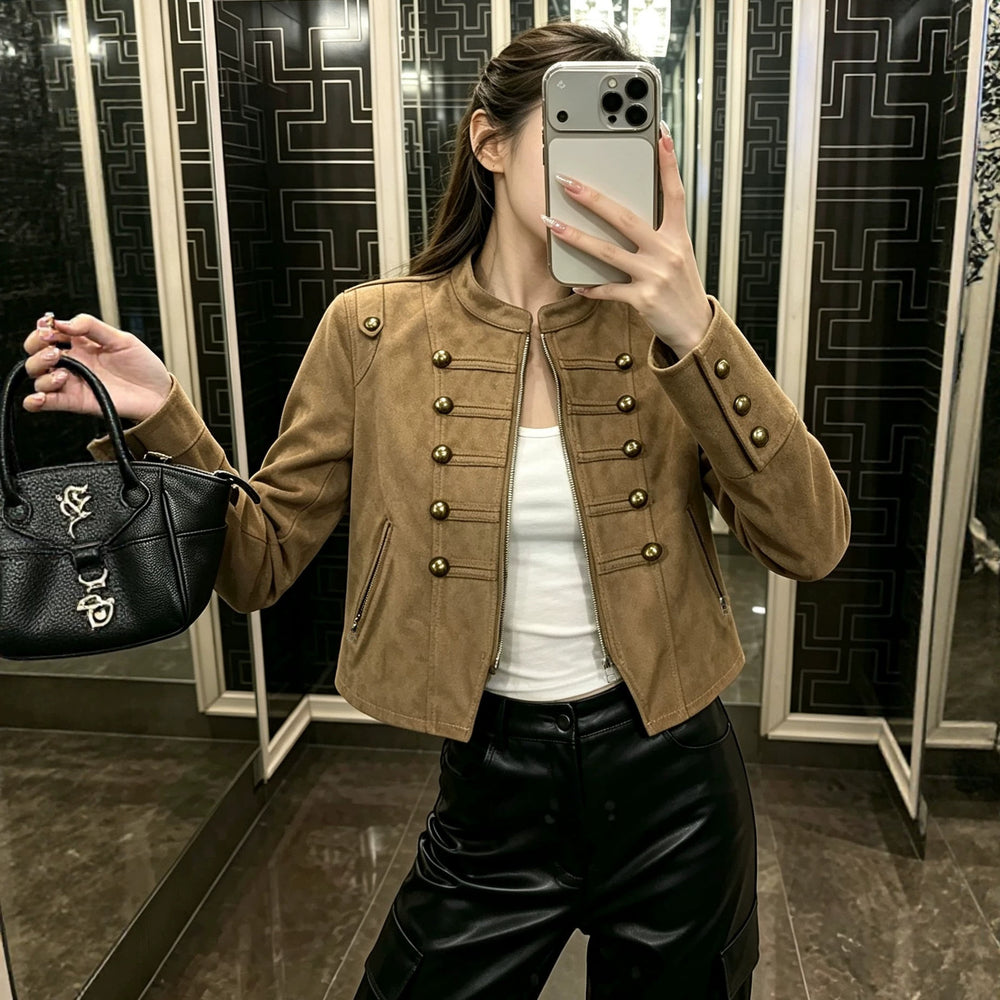 cross-border fashionexportretroelegant double breasted design stand collar zipper short napoleon outwear