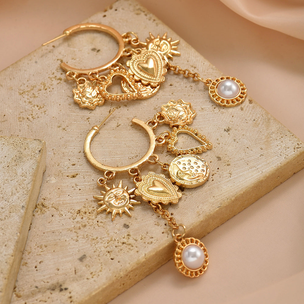 Wholesale big hoop earrings - european & american style, alloy sun & heart charms, light luxury, high-end pearl tassel earrings
