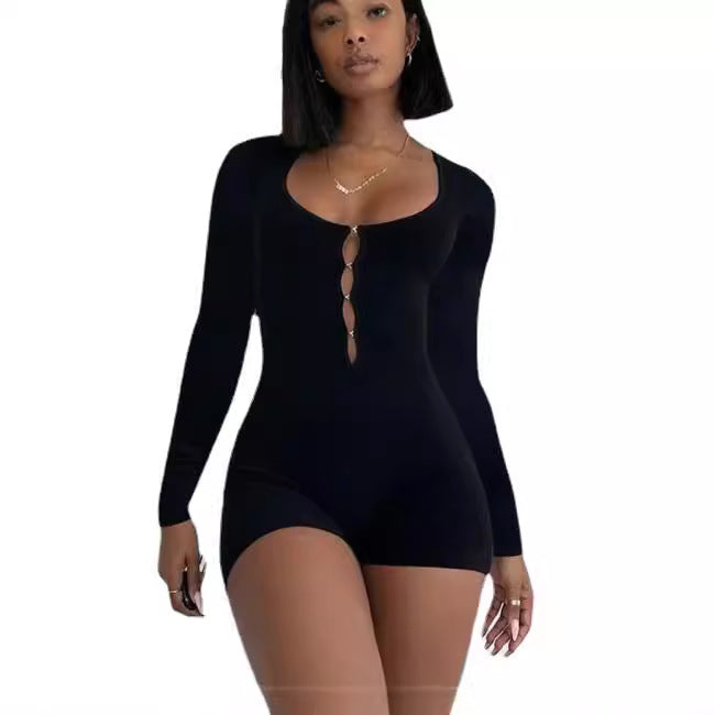 Solid color basic hollow slim-fitting long-sleeved jumpsuit women's European and American autumn new jumpsuit  Independent Station