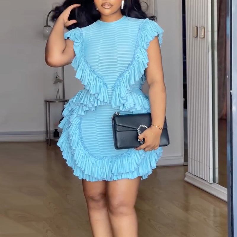European and american cross-border women's fashion:  autumn new arrivals - sexy and elegant ruffle-trimmed, figure-hugging mini dress with unique design