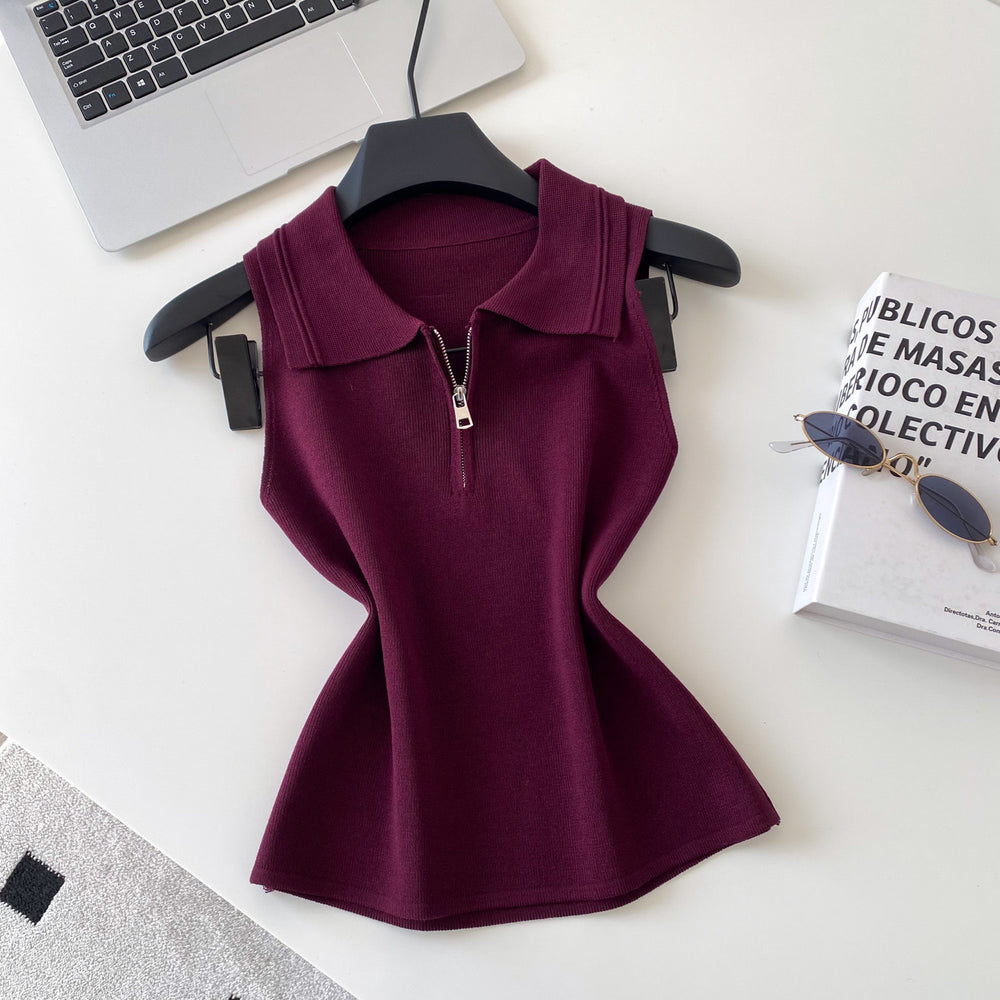 K-style lapel half-zip sleeveless knitting vest women's spring summer light mature style casualpullover knitting shirt multi-color