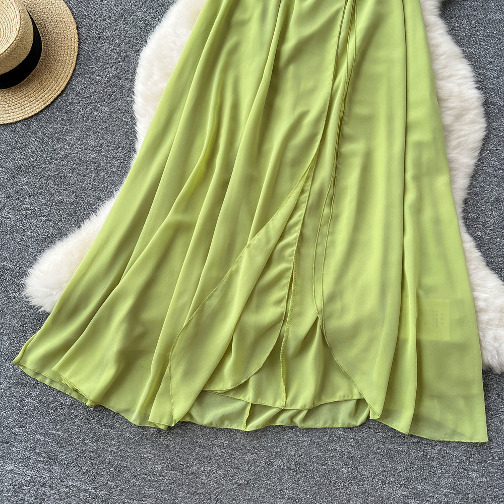 2025 summer new french style sleeveless halter neck tie backless dress women's pleated waist slit maxi dress
