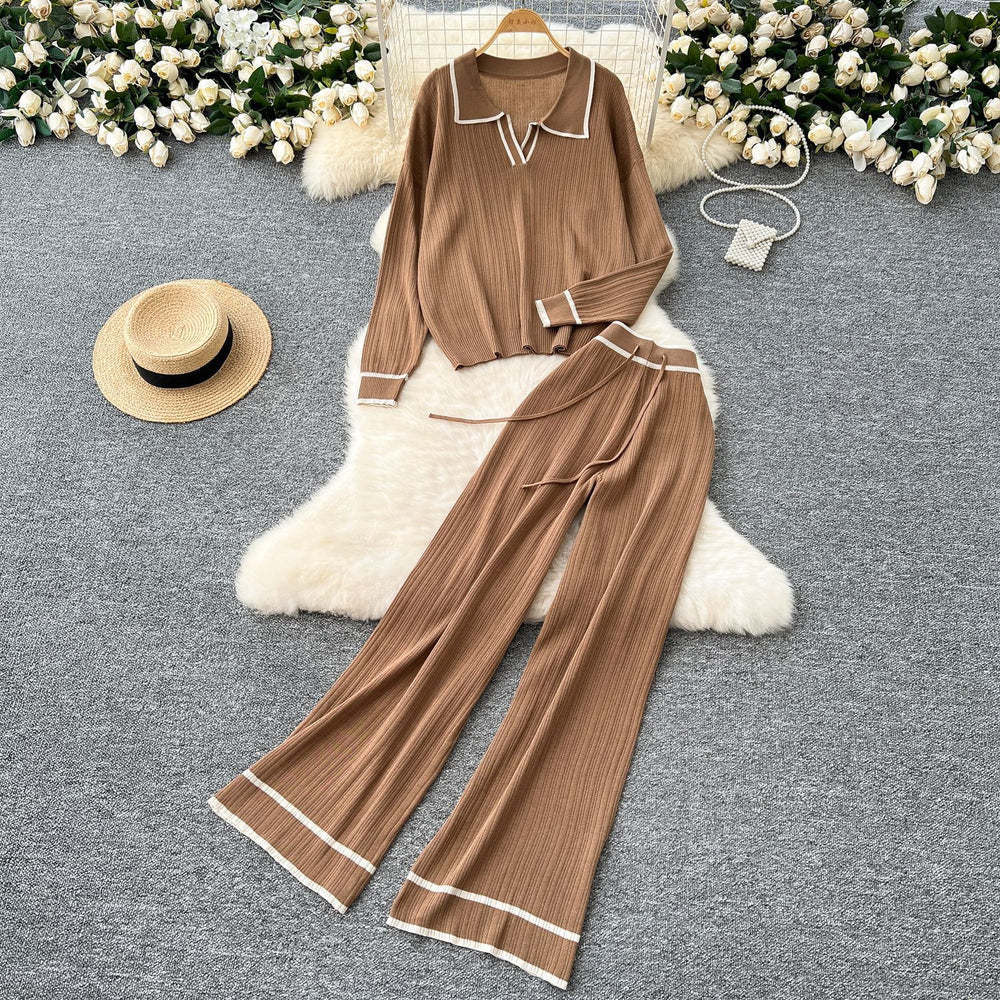 Knitting shirt two-piece set women's fall and winter lazy style easiest for matchretro lapel pullover sweaterhigh waistcasual wide-leg pants