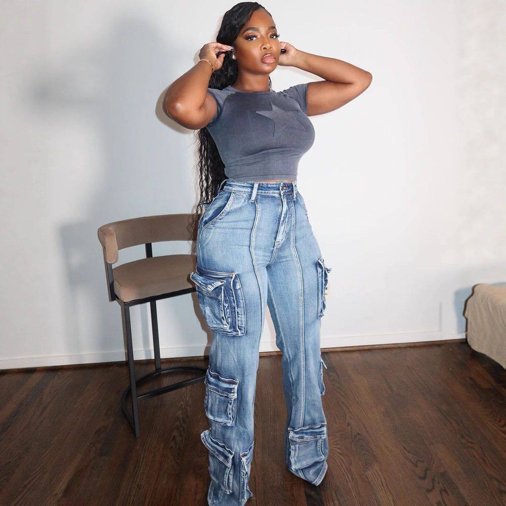 European and american style women's multi-pocket jeans -  cross-border autumn/winter fashion washed high-waisted straight-leg casual pants