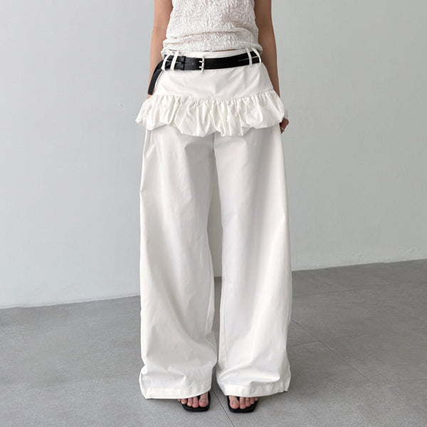 Summer fashion street style fluffy bud fake two-piece casual trousers 2025 Spice Girl loose hip wide-leg culottes