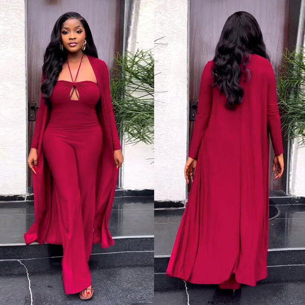 S10622 sexy, European and American, solid color elastic neck-hanging long-sleeved cardigan jumpsuit, two-piece set