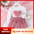 Children's clothingnew girl sweatshirt hearttops+pink bell bottoms two-piece set