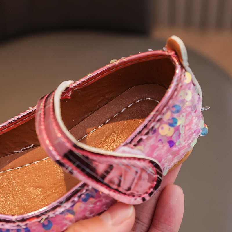 Girls'  spring new collection: sparkling soft-soled princess leather shoes for mid-to-large children - wholesale direct from the manufacturer, featuring hook-and-loop fasteners