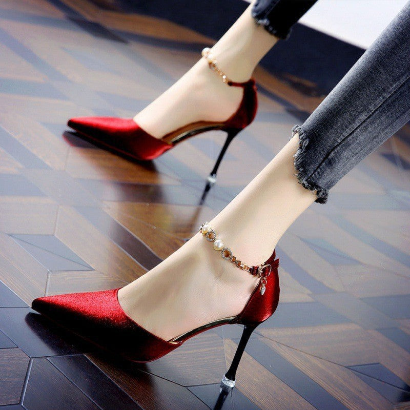 Red bottom high heels sexy silks and satins one-piece buckle pointed toe rhinestone red 2025 spring stiletto dress women's flats
