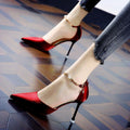 Red bottom high heels sexy silks and satins one-piece buckle pointed toe rhinestone red 2025 spring stiletto dress women's flats