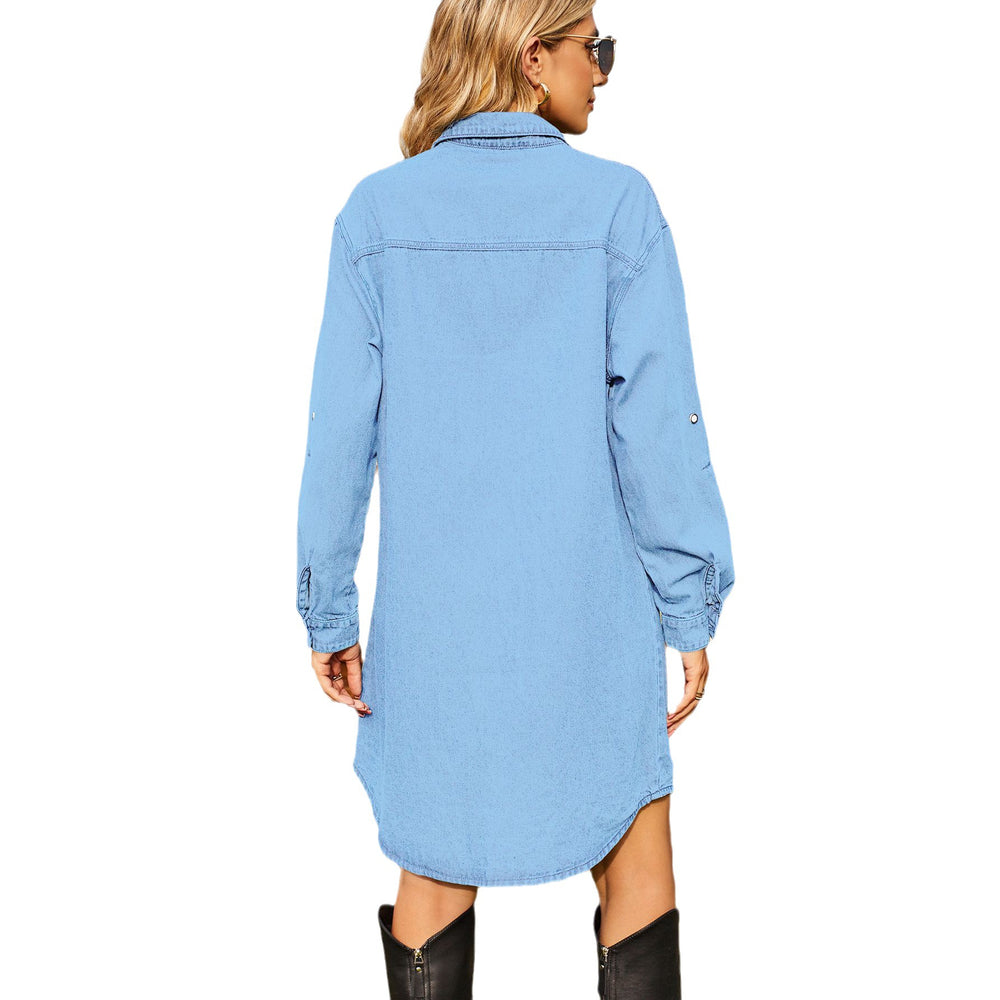 Fashion cross-border independent station  new washed denim loosecasual long sleeves with adjustable buckle dress