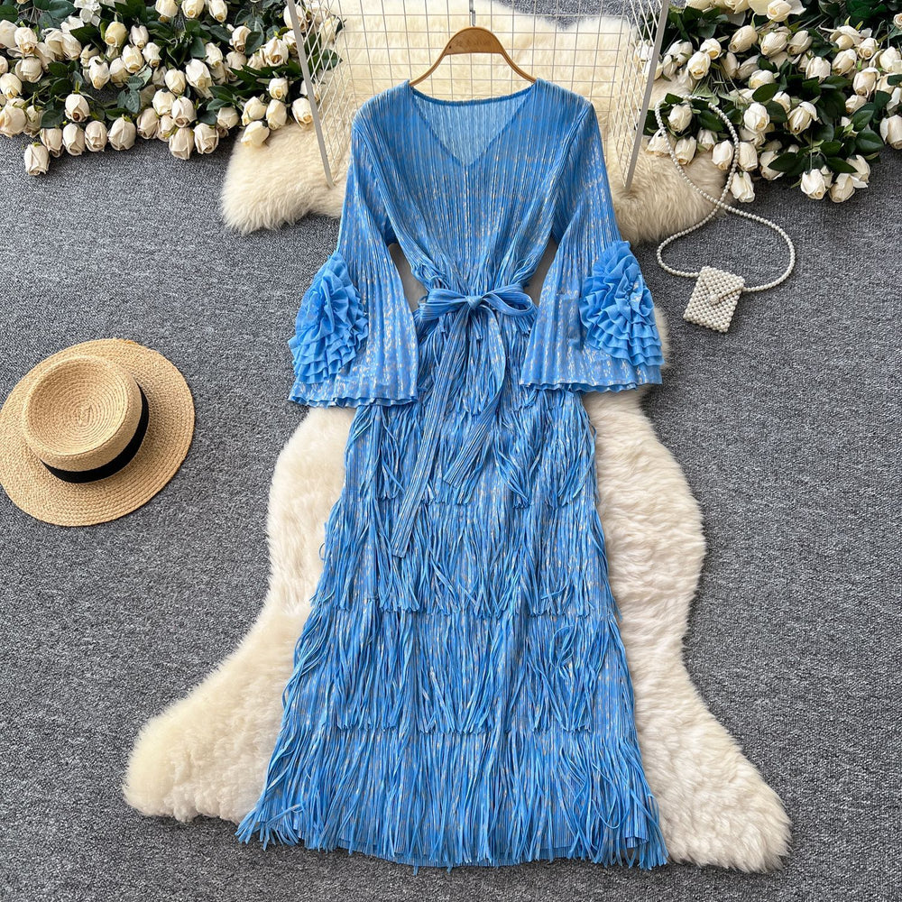 European and american style high-end flared sleeve dress - women's autumn raw edge 3d floral tie-waist midi dress - mature & chic