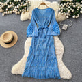 European and american style high-end flared sleeve dress - women's autumn raw edge 3d floral tie-waist midi dress - mature & chic