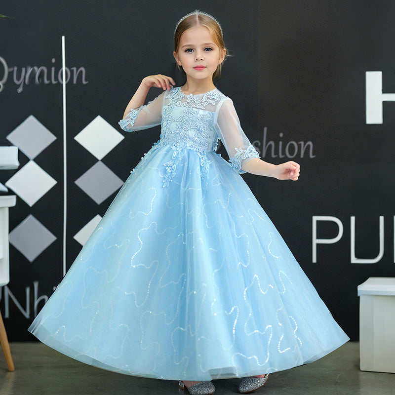 New girls' formal dress - lace children's skirt, long three-quarter sleeve, mid-to-large size flower girl wedding dress, princess dress - cross-border