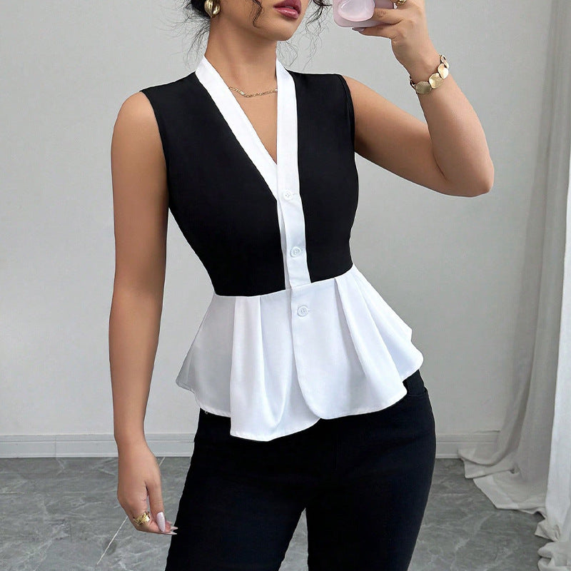 Cross-border wink   sleeveless shirt 2025 summer European and American commuter style fake two-piece cardigan shirt women