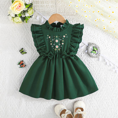 Newborn & toddler girl's country style dress - green sleeveless ruffle trim + floral embroidery bow princess dress