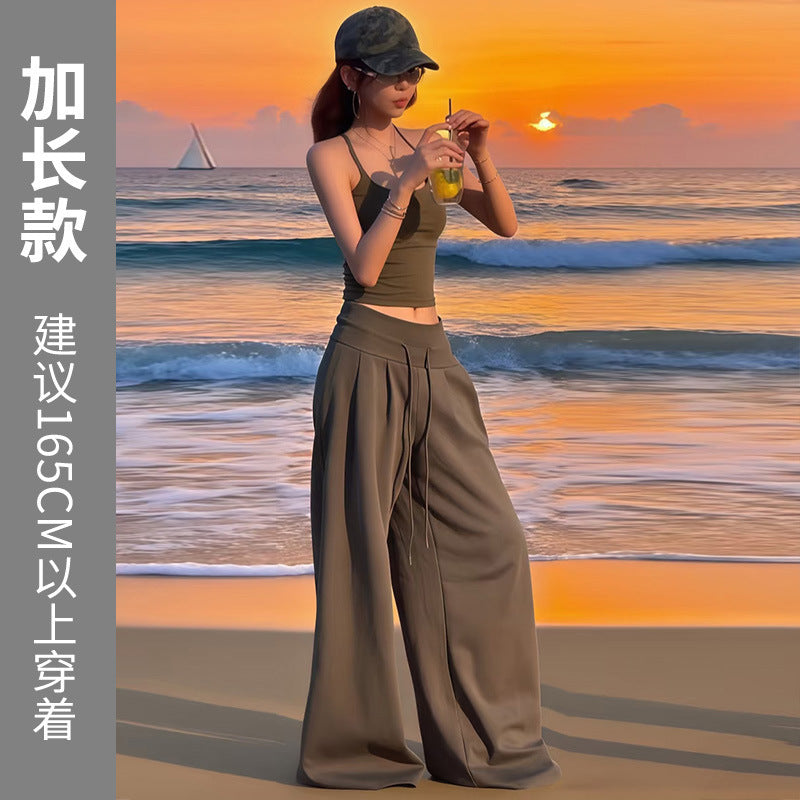 Navy blue wide-leg pants for women - autumn collection, lightweight high-waisted, drapey, slimming, loose fit, straight leg, casual sweatpants/sports pants (suitable for summer)